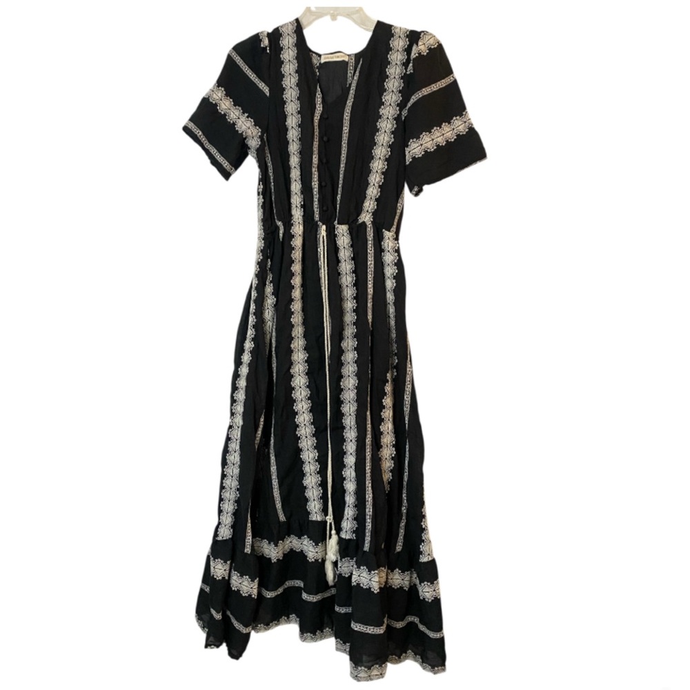 Paris Boho Embroidery Black Cotton Blend Midi Dress Fairy Cottage T.U One Size